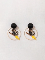 Halloween Cat Broom Pattern Stud Drop Earrings
