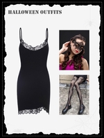 Halloween Cosplay Lace Mask and Fishnet Tights and Bodycon Dress Set Black