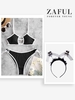 Halloween Costume Binding Ribbed Cutout Bikini with Skull Decor Faux Fur Headband Black