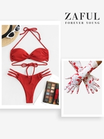 Halloween Costume Braided Straps Halter Ribbed Floss Bikini with Blood Gloves Red