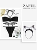 Halloween Costume Criss Cross Halter Textured Floss Bikini with Skull Decor Faux Fur Headband Black
