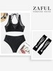 Halloween Costume Fishnet Halter Double Layer Bikini with Skeleton Graphic Fingerless Gloves Black
