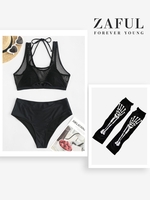 Halloween Costume Fishnet Halter Double Layer Bikini with Skeleton Graphic Fingerless Gloves Black
