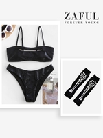 Halloween Costume Metallic Snakeskin Cutout Bikini with Skeleton Fingerless Gloves Black