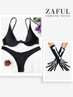 Halloween Costume Push Up Plunge Bikini with Skeleton Gloves Black