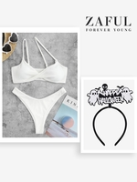 Halloween Costume Ribbed Asymmetrical Twist High Leg Bikini with Ghost Decor Headband White