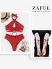Halloween Costume Ribbed Halter High Waisted Tankini with Blood Graphic Fingerless Gloves Red
