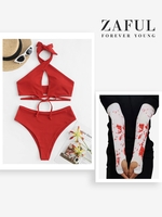 Halloween Costume Ribbed Halter High Waisted Tankini with Blood Graphic Fingerless Gloves Red