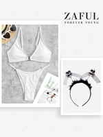 Halloween Costume Ribbed O-ring Bikini with Skull Decor Faux Fur Headband White