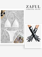 Halloween Costume Ribbed Smocked String Bikini with Skeleton Gloves White