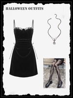 Halloween Costume Velvet Open Side Dress and Fishnet Tights and Pendant Necklace Black