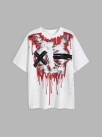 Halloween Dripping Skull Print Loose T Shirt M White