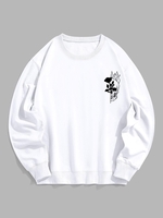 Halloween Flame Skull Rose Print Pullover Sweatshirt M White
