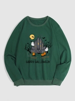 Halloween Ghost and Castle Printed Pullover Sweatshirt M Deep green