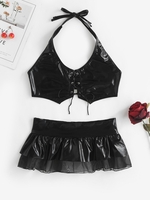 Halloween Halter Lace Up Top and Ruffle Skirt Lingerie Set S Black