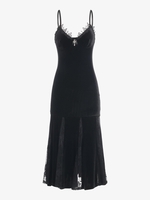 Halloween Lace Insert Velvet Godet Dress L Black