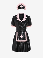 Halloween Nurse Costume PU Poet Sleeve Dress with Apron M Black