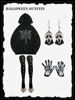 Halloween Outfits Skeleton Graphic Hoodie and Stockings and Gloves and Pendant Earrings Black