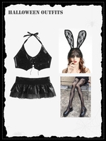 Halloween Outfits Waxed Lingerie Set and Fishnet Tights and Lace Rabbit Ears Hairband Black