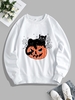 Halloween Pumpkin Cat Print Pullover Sweatshirt S White
