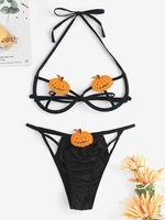 Halloween Pumpkin Cupless Halter Lingerie Set M Black