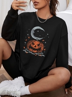Halloween Pumpkin Moon Print Pullover Sweatshirt Xl Black