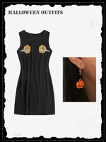 Halloween Rib-knit Pumpkin Skeleton Graphic Slinky Dress with Drop Earrings Black