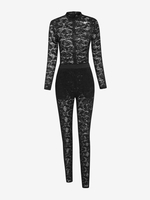 Halloween Sheer Lace Mock Neck Bodysuit and Pants Set S Black