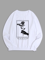 Halloween Skeleton Hand Holding Rose and Letter Printed Pullover Sweatshirt L White