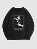 Halloween Skeleton Hand Holding Rose and Letter Printed Pullover Sweatshirt M Black