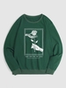 Halloween Skeleton Hand Holding Rose and Letter Printed Pullover Sweatshirt M Deep green