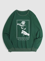Halloween Skeleton Hand Holding Rose and Letter Printed Pullover Sweatshirt Xl Deep green