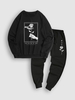 Halloween Skeleton Hand Holding Rose and Letter Printed Sweatshirt and Sweatpants Set Black