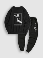 Halloween Skeleton Hand Holding Rose and Letter Printed Sweatshirt and Sweatpants Set Black
