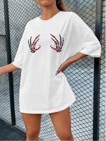 Halloween Skeleton Hand Print Drop Shoulder T Shirt L White