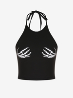 Halloween Skeleton Hand Print Halter Crop Tank Top S Black