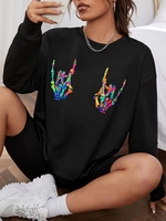Halloween Skeleton Hand Print Pullover Sweatshirt M Black