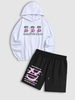 Halloween SKELETON HEAD Graphic Hoodie and Slogan Smile Face Graphic Shorts Set Outfit White
