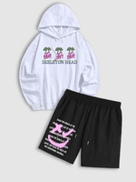 Halloween SKELETON HEAD Graphic Hoodie and Slogan Smile Face Graphic Shorts Set Outfit White