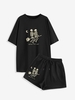 Halloween Skeleton Moon Rose Print Shorts Set L Black