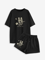 Halloween Skeleton Moon Rose Print Shorts Set L Black