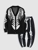 Halloween Skeleton Pattern Button Fly Cardigan with Drawstring Sweatpants Set Black