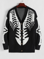 Halloween Skeleton Pattern Button Fly Cardigan Xxl Black