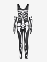 Halloween Skeleton Print Jumpsuit with Gloves L Black