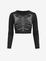 Halloween Skeleton Rhinestones Baby Tee L Black