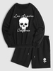 Halloween Skull and Los Angeles Letter Printed Sweatshirt and Rose Floral Pattern Shorts Set Outfit Black