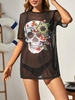 Halloween Skull Flower Print Mesh See Thru Beach Top S Black