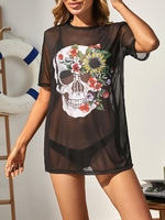 Halloween Skull Flower Print Mesh See Thru Beach Top S Black