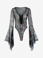 Halloween Skull Rose Print See Thru Mesh Bodysuit L Black