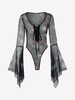 Halloween Skull Rose Print See Thru Mesh Bodysuit M Black